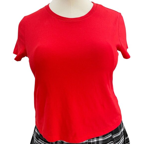 Red Crop Tee & Plaid Pleated Skirt Set XL – Preppy Y2K Grunge Style with Patches - Picture 7 of 16